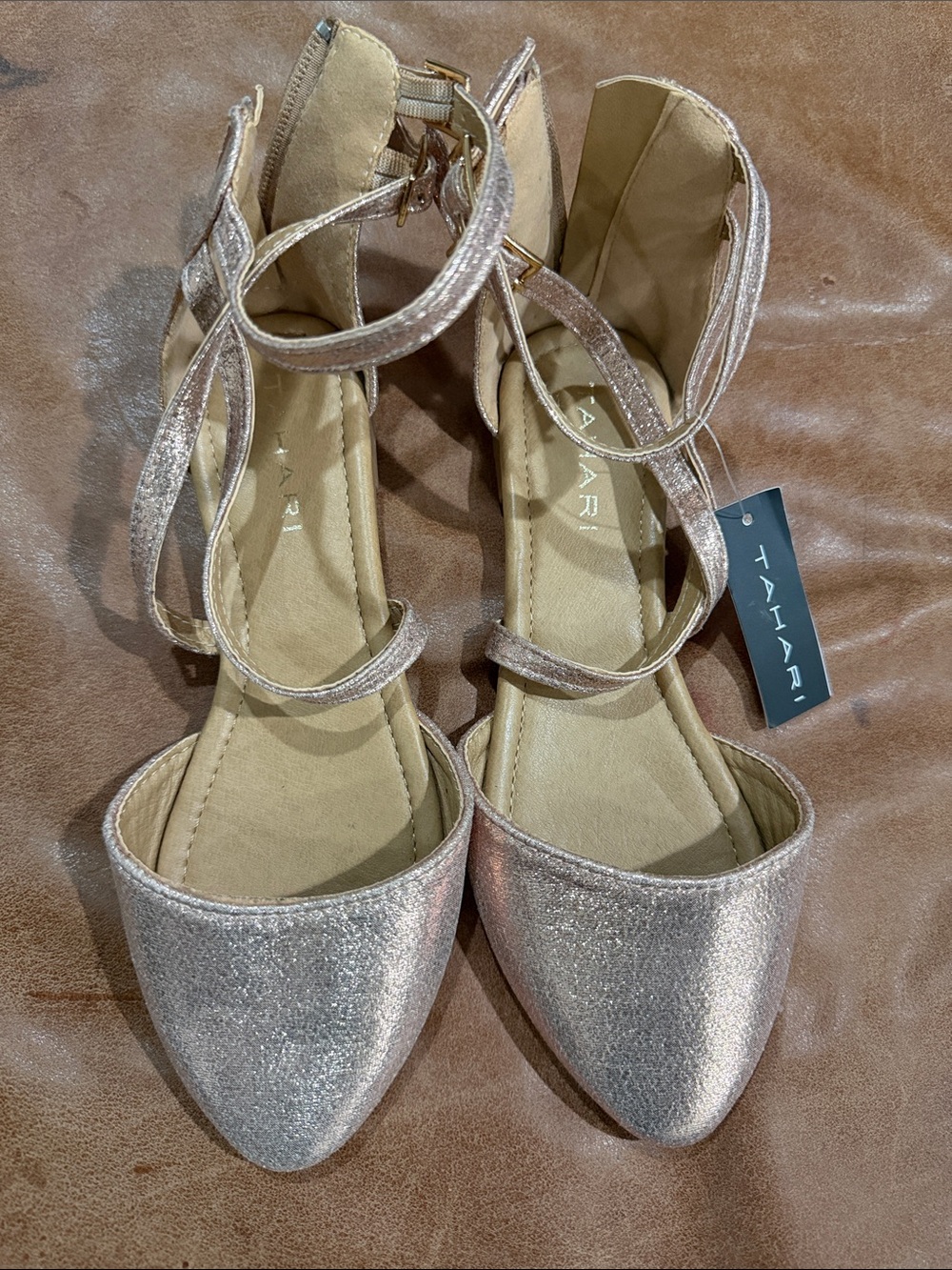 Tahari Rose Gold Glitter Pointed-Toe Ankle-Strap Flats